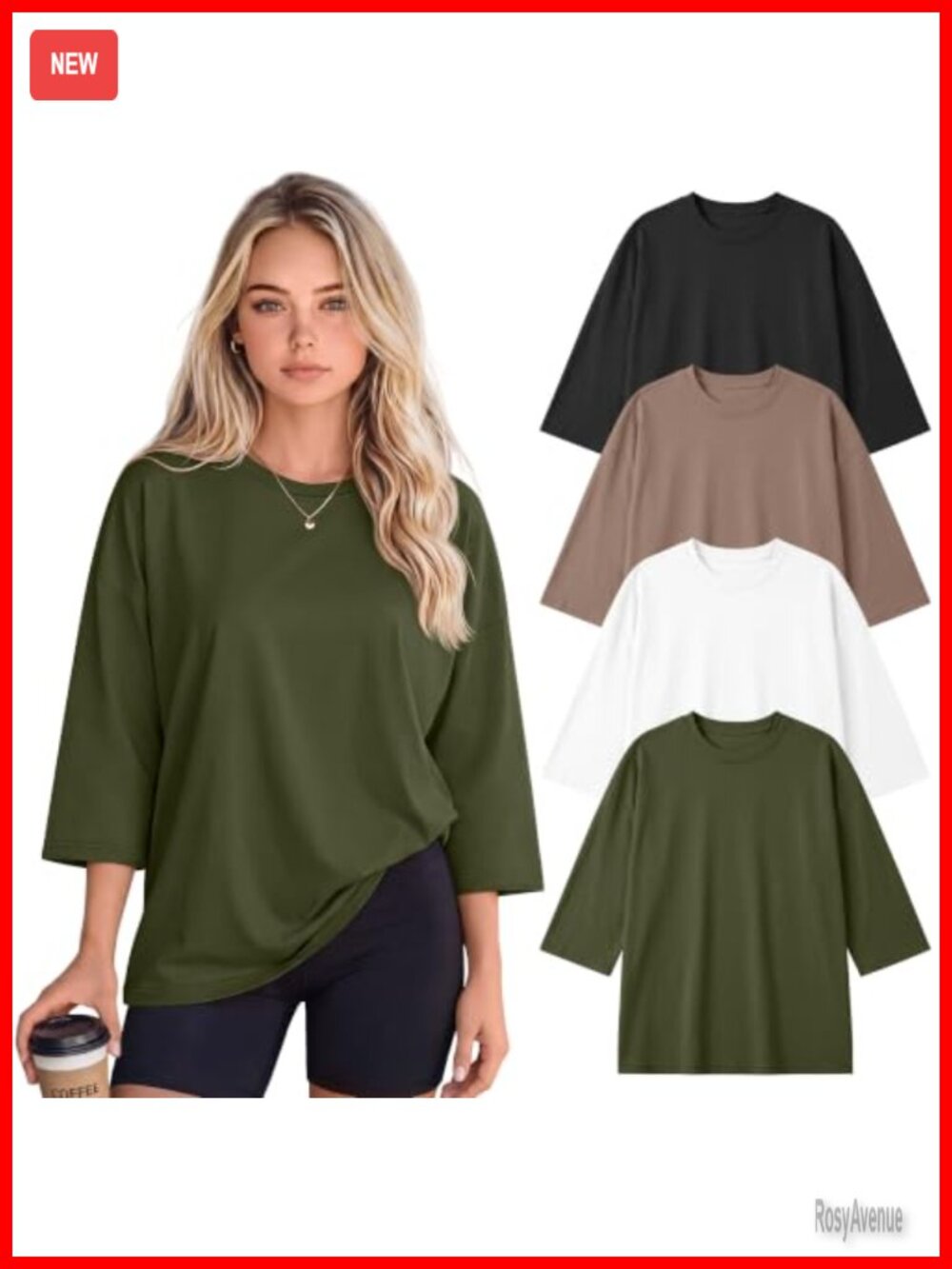 Oversized 3/4 Sleeve Cotton T-Shirts 4 Pack Crew Neck Batwing Tees